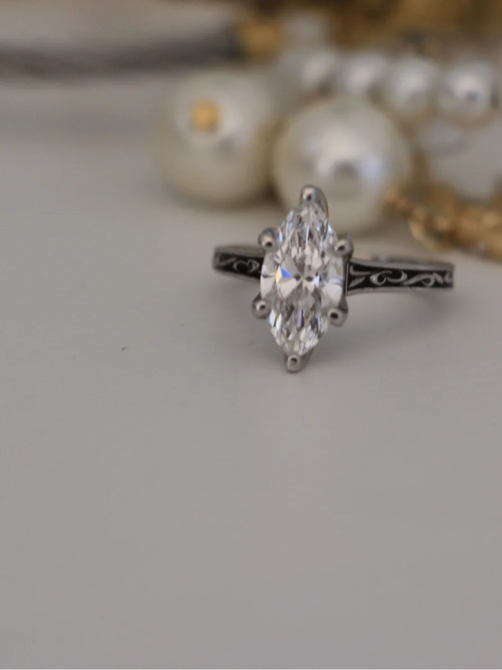 White Marquise-Cut Solitaire Ring in Silver